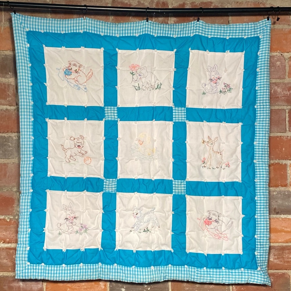 Vintage Handmade Embroidered Baby Tie Quilt 48” x 50”